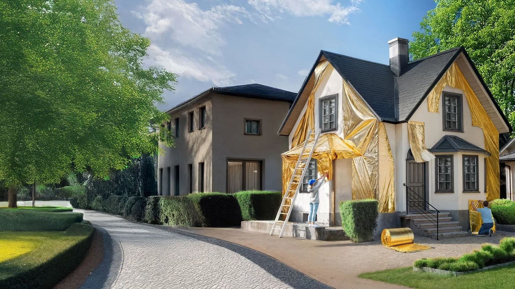Zwei Personen bringen goldene Dämmfolie an einem Einfamilienhaus an, das an einer gepflasterten Einfahrt mit Bäumen und Hecken liegt