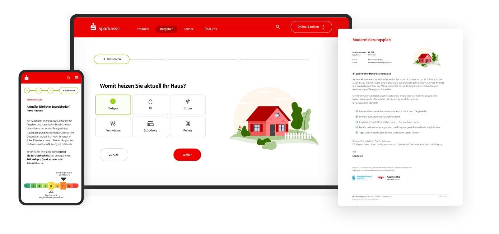 Sparkassen-Modernisierungsrechner auf Smartphone, Tablet und PDF mit Heizungswahl, Energiebedarfsauswertung und individuellem Sanierungsplan